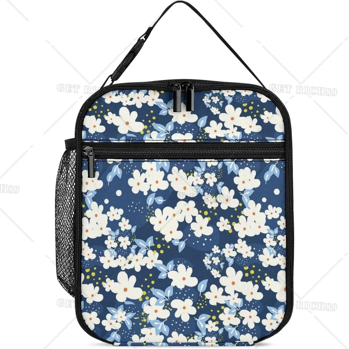 

Flowers-dark-blue-print Rectangular Lunch Bag Insulated Portable Lunch Box Tote Bags for Adults Men Women Travel Picnic Office
