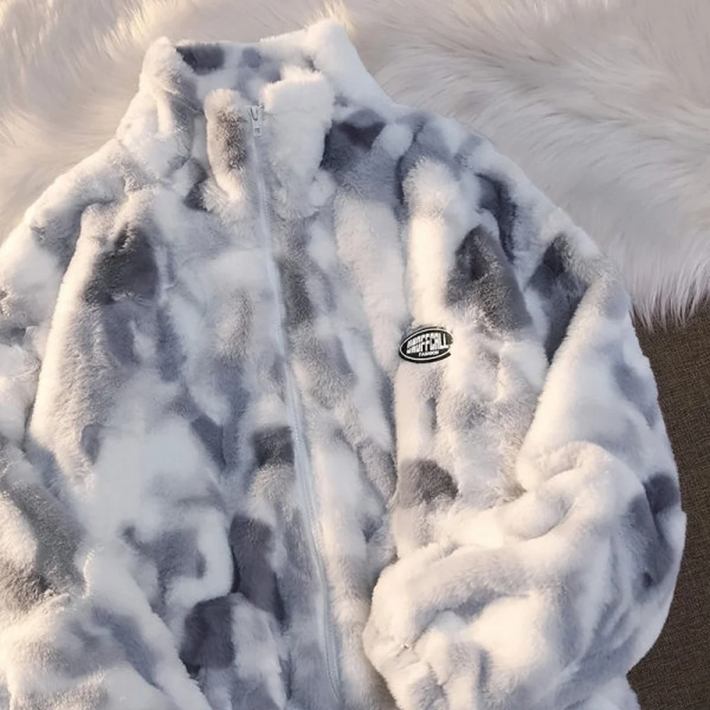 New Warm Cotton-padded Jacket Men and Women Streetwear Trendy Brand Tie-dye Loose Couple Wear Lamb Velvet Jacket Women Winter