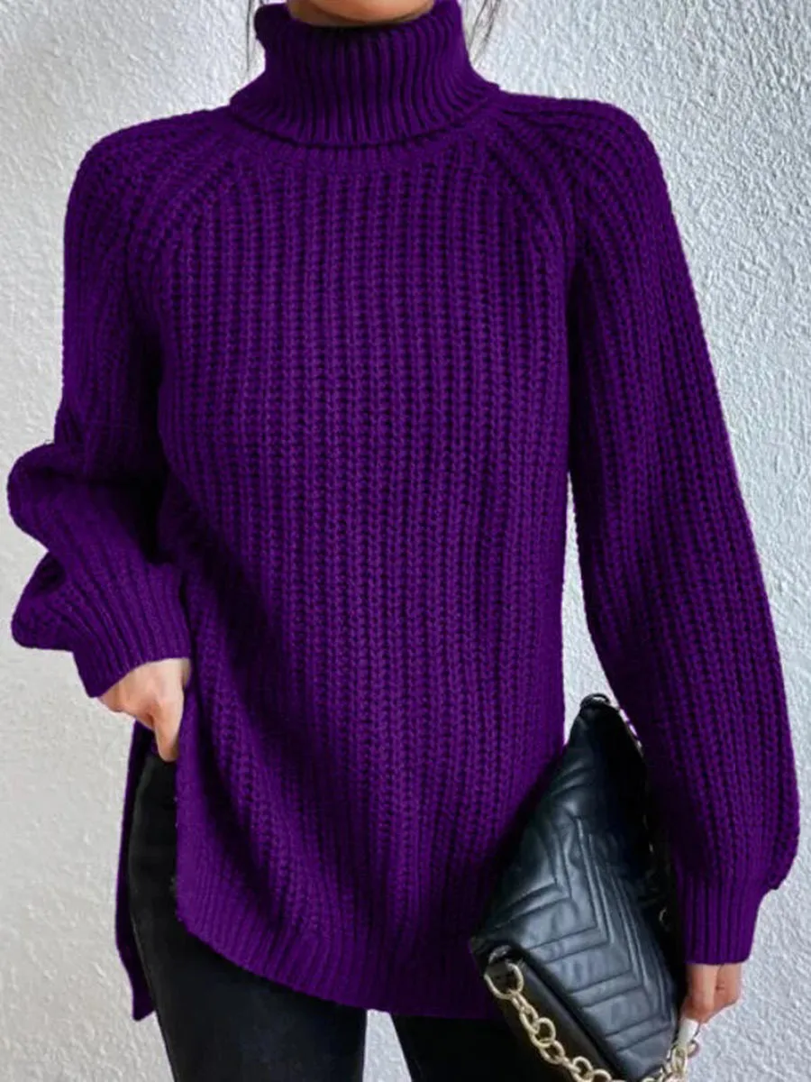 Фото 2024 Autumn Winter Clothes Women New Knitted Sweater Medium and Long Solid High Lapel Neck Split Sweater Pullover Dress Women №5