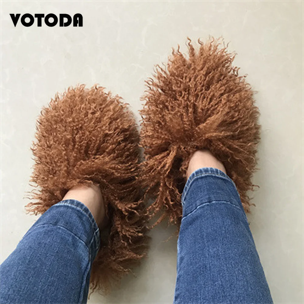 Luxury Mongolian Fur Slippers Women Winter Long Wool Snow Boots Warm Flat Non-slip Home Teddy Fur Slide Ladies Cute Cotton Shoes