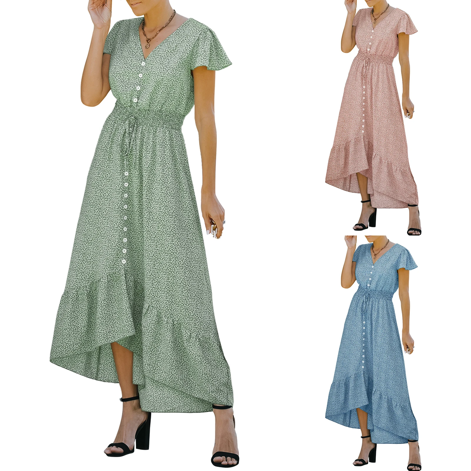 

Женское маленькое Повседневное платье с V-образным вырезом и коротким рукавом, дизайнерское пляжное платье с пуговицами спереди и оборками