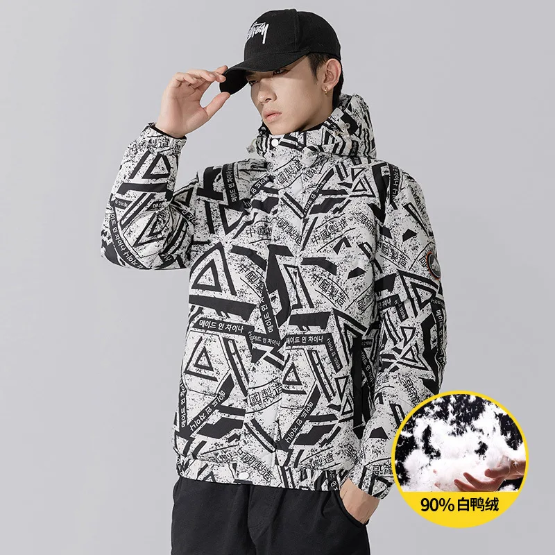2022 New Men's Winter Clothing Couple Windproof Printed Hooded Jacket White Duck Down Jacket High Street Harajuku Men's Clothing