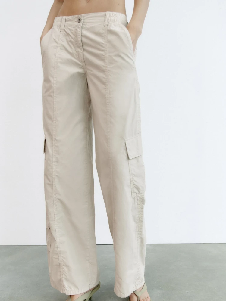 

Брюки-карго женские с эластичным поясом, летние свободные брюки из парашюта со средней талией, на молнии, с металлическими пуговицами, со средней посадкой