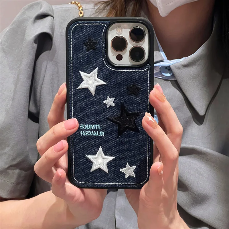 

Denim Embroidered Stars Phone Case for Apple Huawei OPPO Xiaomi Vivo Samsung