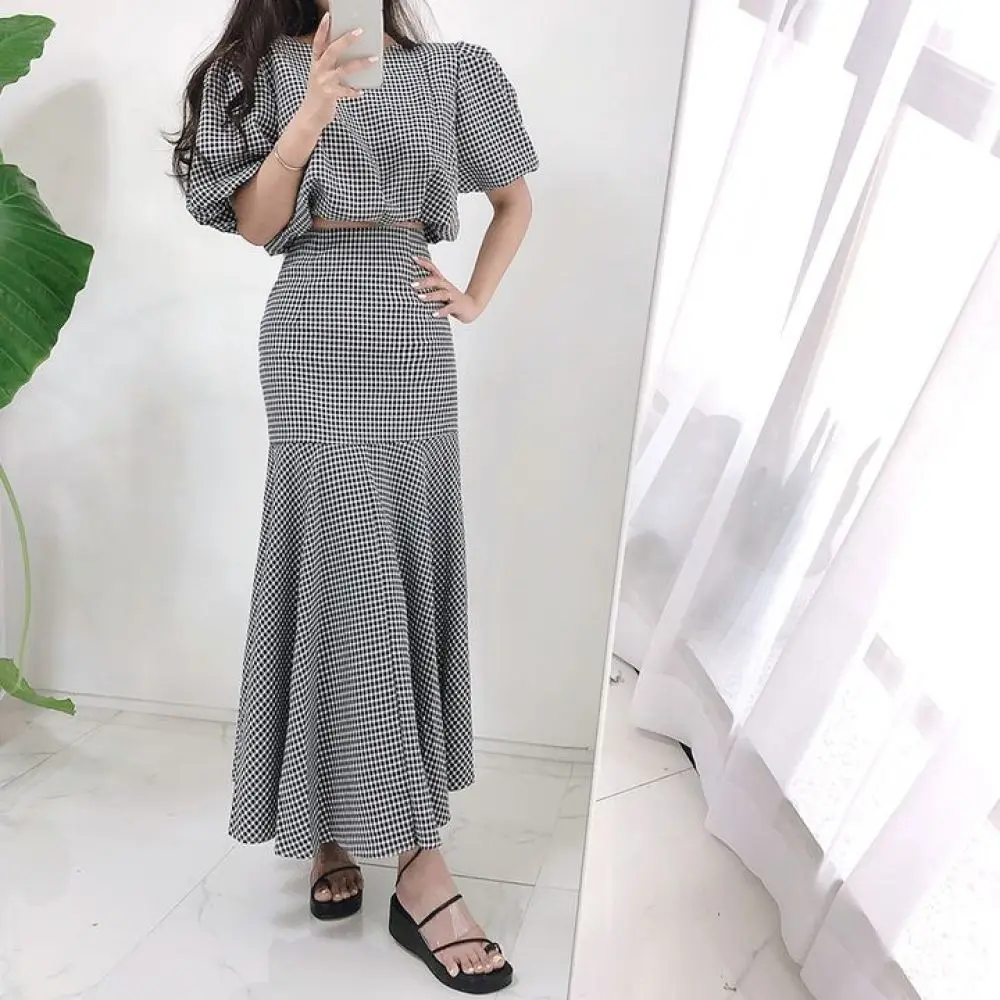 Женский элегантный клетчатый комплект из 2 предметов короткий топ с пышными