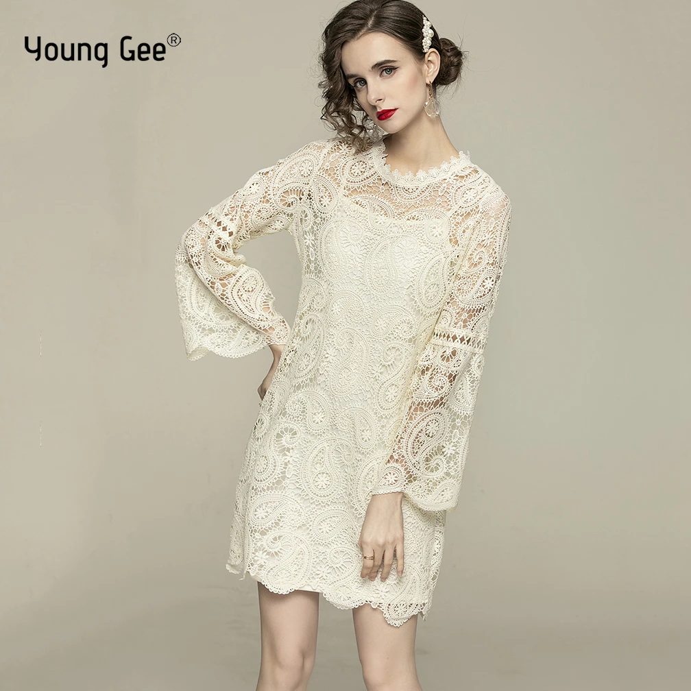 

Young Gee Women Vintage Crochet Flower Lace Mini Dress Elegant Round Collar Flare Sleeve Party Cut Out Loose Dresse jurk dames