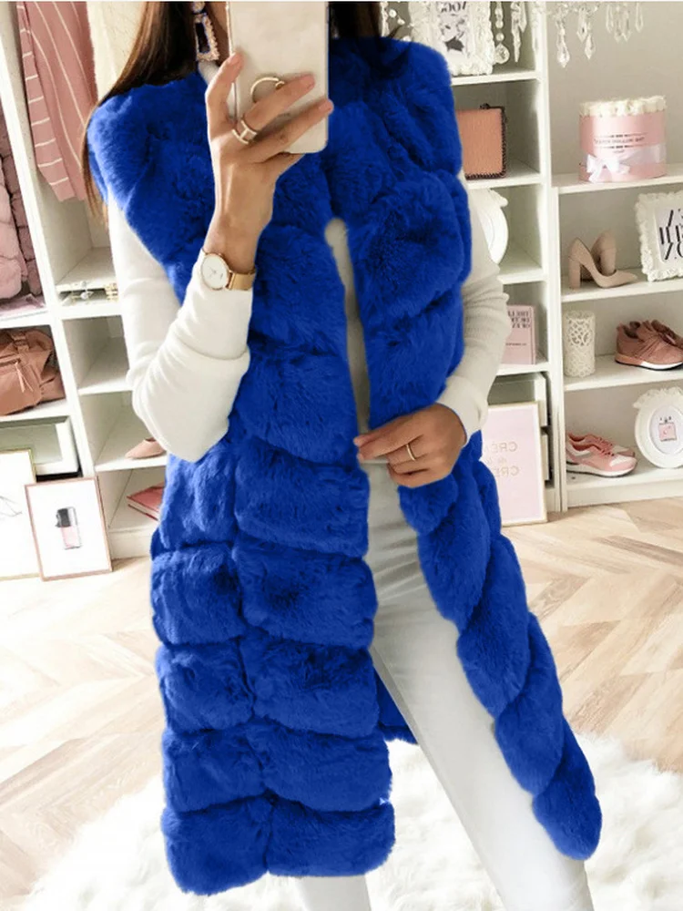 Autumn Winter Fashion Luxury Warm Sleeveless Faux Fur Coat Women 2022Casual O-neck Long Fur Vest Elegant Ladies Office Waistcoat