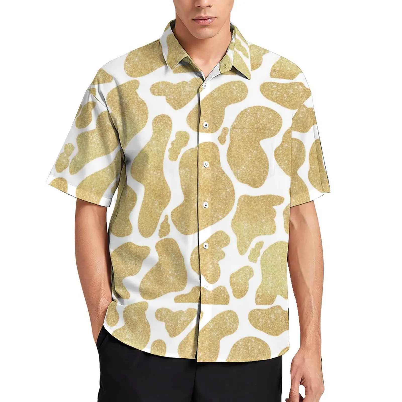 

Gold White Cow Print Loose Shirt Beach Glitter Cow Spots Casual Shirts Hawaiian Design Short Sleeve Streetwear Oversize Blouses