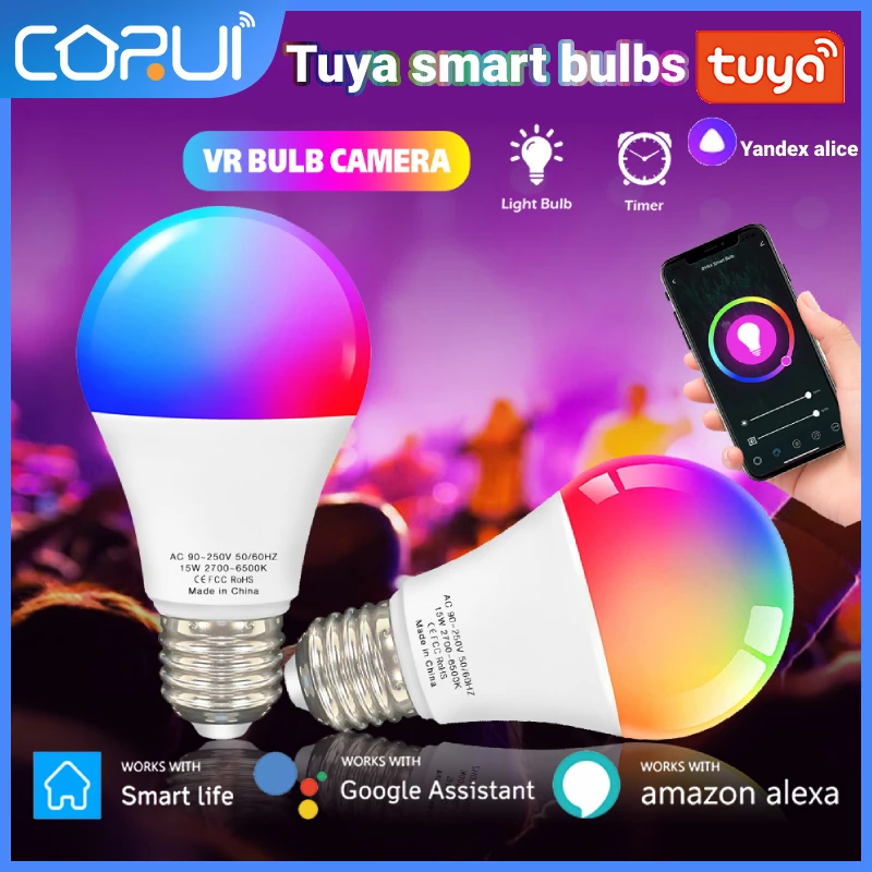 

CoRui TUYA RGB LED Light Bulb Smart WiFi 15W/9W E27 B22 Lamp 100-240V Dimmable Bulbs Voice Control Google Yandex Alice Alexa