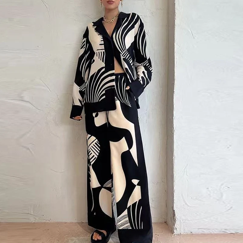 

Women Turn-down Collar Button Top Cardigan and Straight Pants Outfits Spring Pattern Print Two Piece Set Autumn Long Sleeve Suit