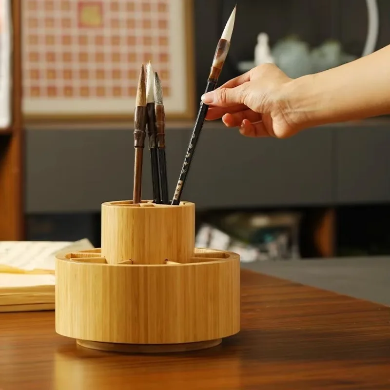 Держатель кистей для макияжа вращающаяся бамбуковая подставка ручек офисного