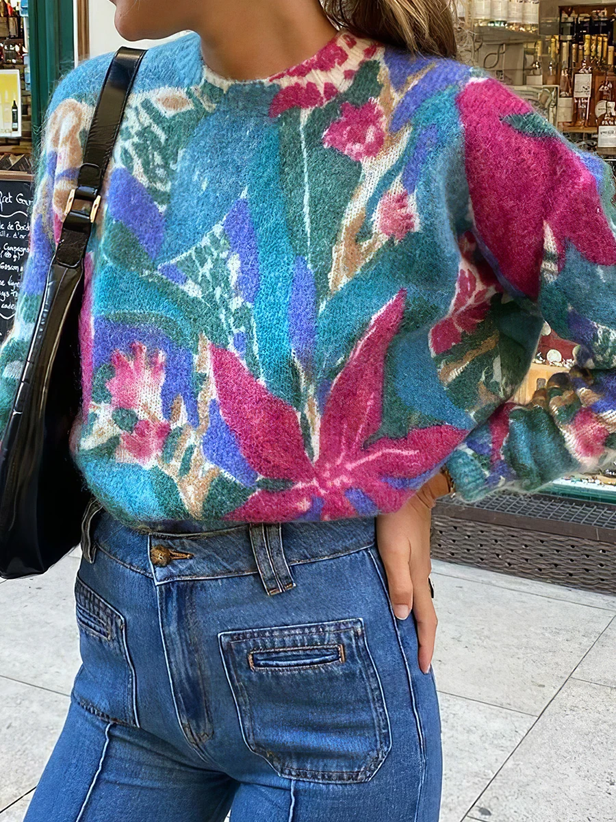 Imprimé Floral Print Sweater Women Winter Round Neck Long Sleeves Wool Kid Mohair Jumper Elegant Vintage Female Pullover Tops