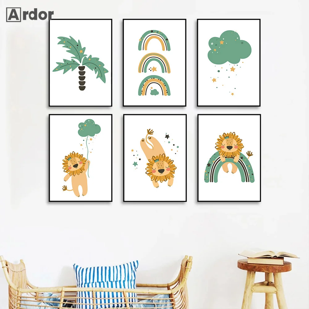 

Cartoon Lion Art Posters Rainbow Green Cloud Wall Art Canvas Painting Nursery Print Nordic Wall Pictures Kids Baby Room Decor