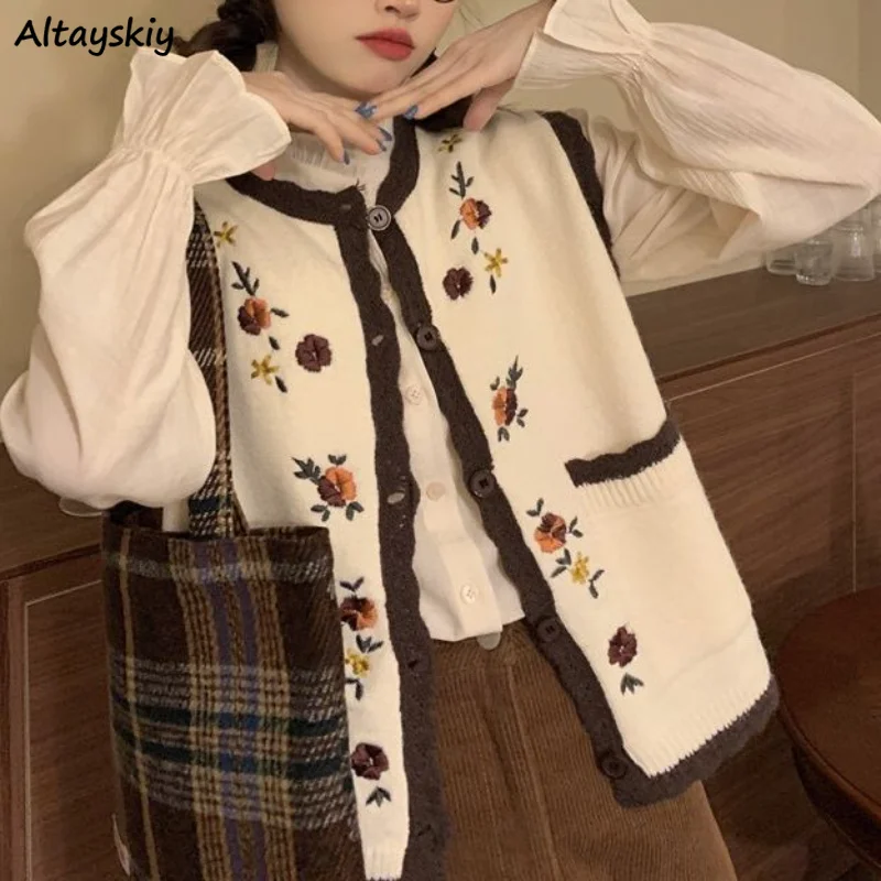 

Flowers Sweater Vests Women Pockets Elegant Cute Prairie Chic Knitwears Sleeveless Tender Autumn All-match Жилетка Женская Retro