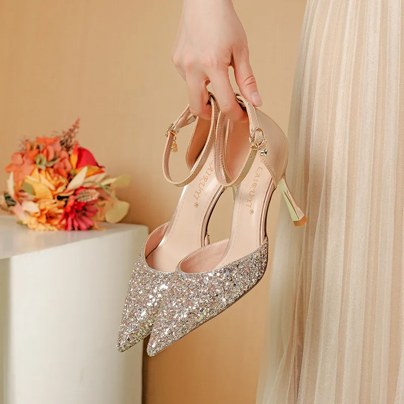 

Босоножки женские с блестками, заостренный носок, высокий каблук 5 см, ремешок на щиколотке, Свадебная обувь для вечеринки, 40 41