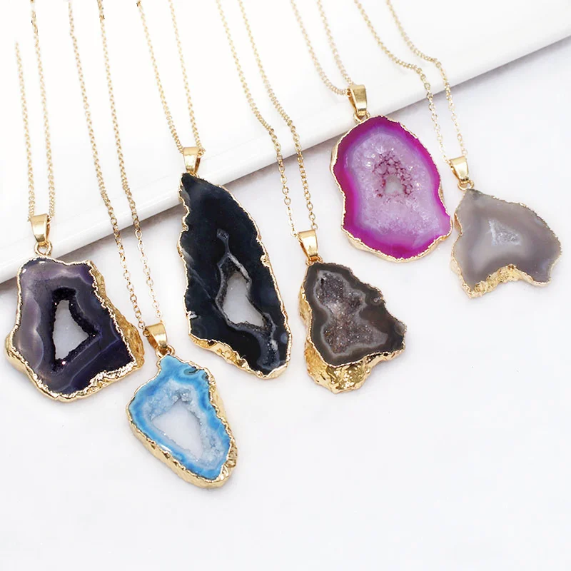 

Natural Crystal Agate Irregular Genuine Geode Stone Pendant Necklace Unisex Gift Reiki Healing Druzy Quartz Chakra Jewelry