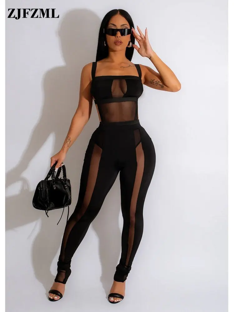 

Midnight Women Mesh Sheer Perspective Skinny Jumpsuit Sexy Spaghetti Strap Sleeveless Backless Fitness Party Clubwear Rompers