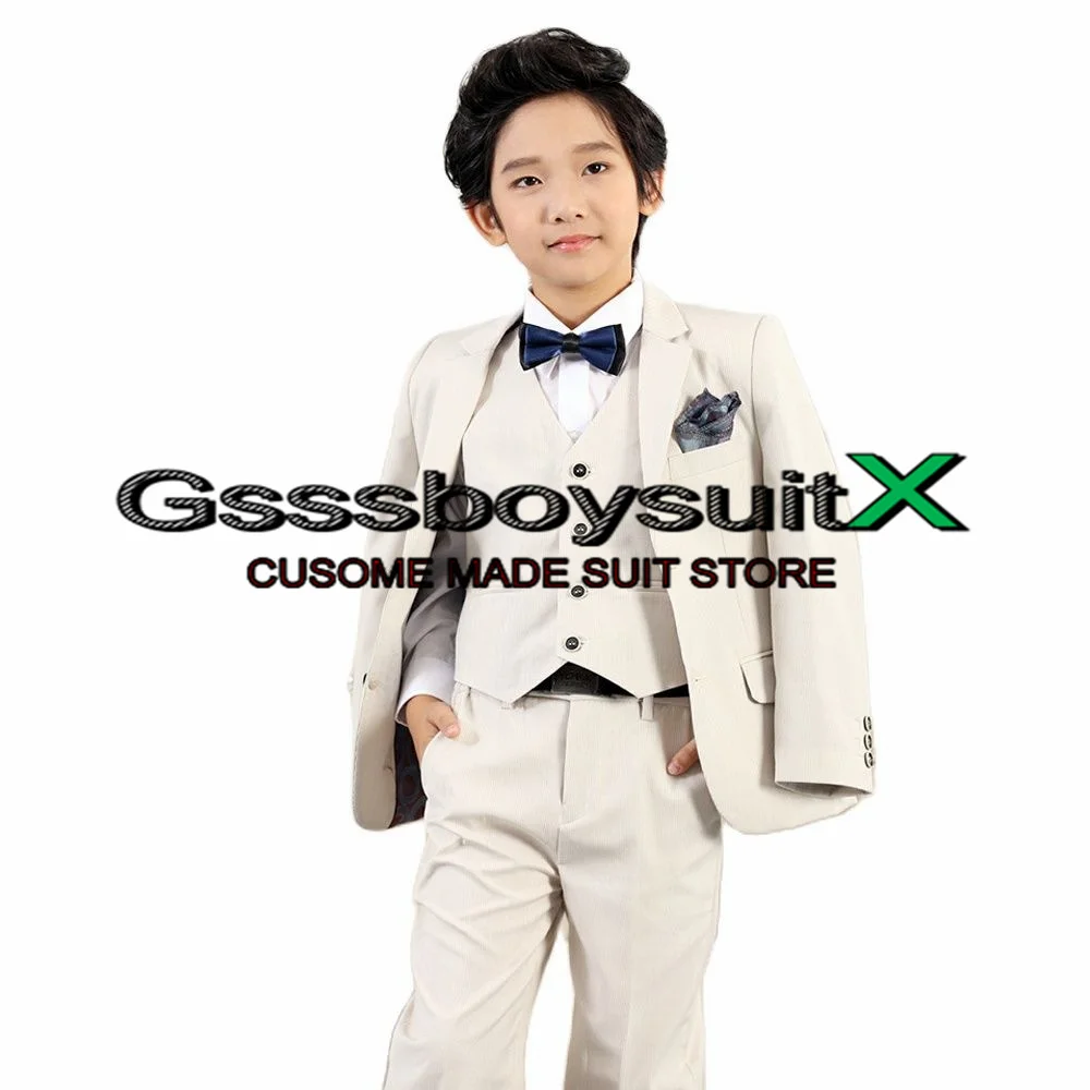 Boys Suit Wedding Tuxedo Khaki Three Piece Kids Jacket Pants Vest Child Blazer Set Fashion Formal Full Outfit 12 Years Old