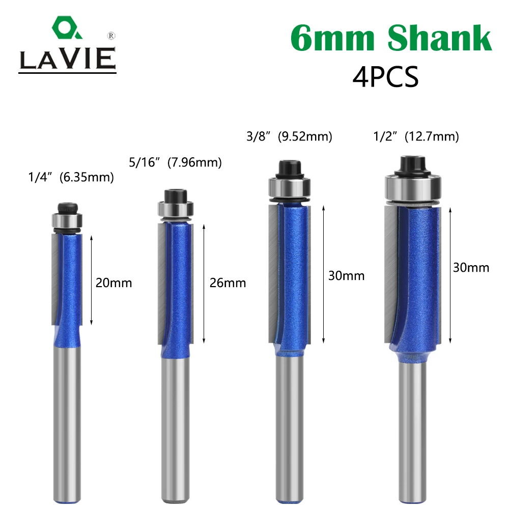 

LAVIE 4pcs 6mm shank high-quality Milling Cutter Flush Trim With Bearing Router Bit set for Woodworking