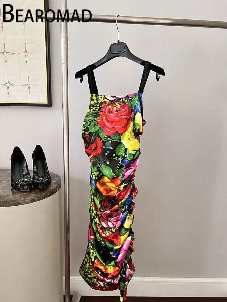 

Женское винтажное шелковое платье Bearomad, модельное Платье До Колена на бретелях-спагетти с квадратным вырезом и принтом роз, летнее облегающ...