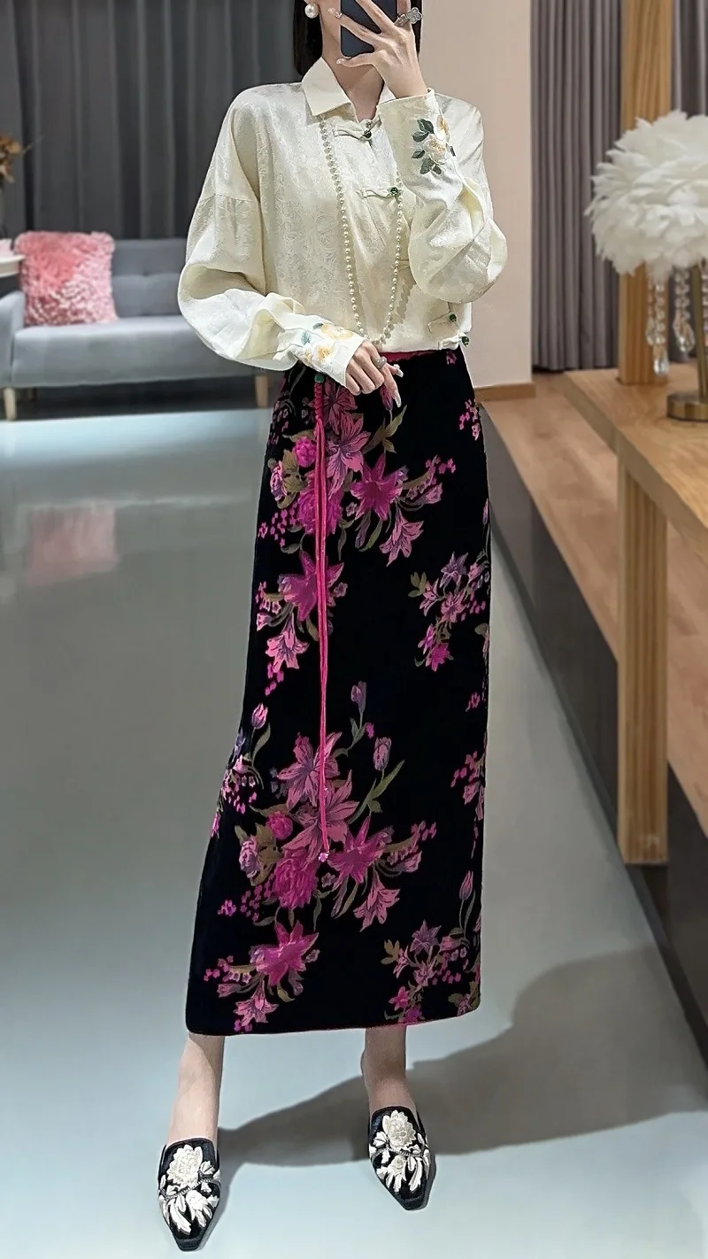 Высококачественная осенне-зимняя юбка в винтажном китайском стиле бархатная