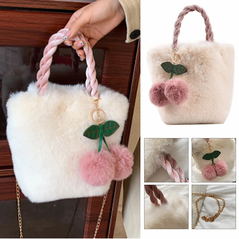 

2022 New Fluffy Bag Women's Messenger Bag Cute Plush Handbag Mini Wallet Cherry Pendant Shoulder Bag