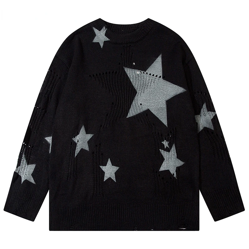 

Мужской трикотажный джемпер в стиле хип-хоп, с рваными звездами