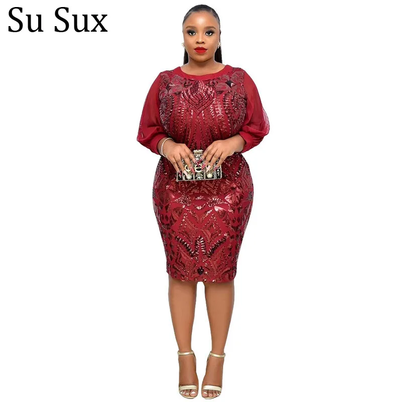 

African Dresses For Women Sequins Party Dress African Clothes Wine Red Long Sleeve Knee Length Robe 5XL Nightclub 2022 Autumn