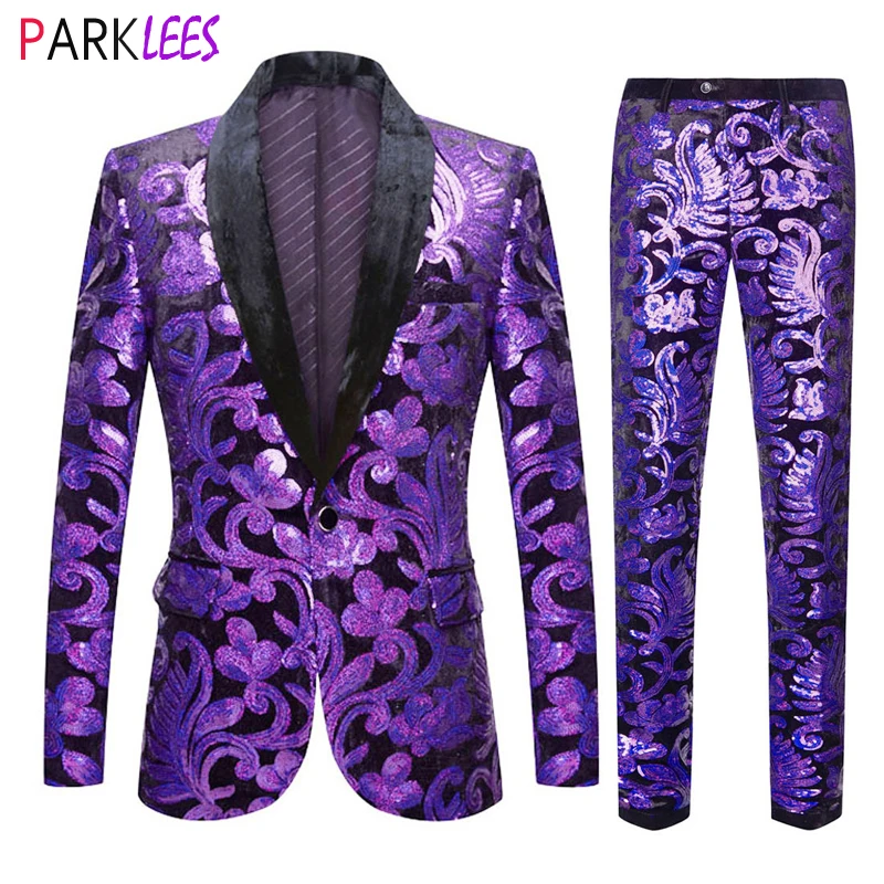 

Purple Velvet Sequin Floral 2pcs Suit Pants Men Shawl Collar One Button Tuxedo Suits Mens Wedding Dinner Party Costume Homme 3XL