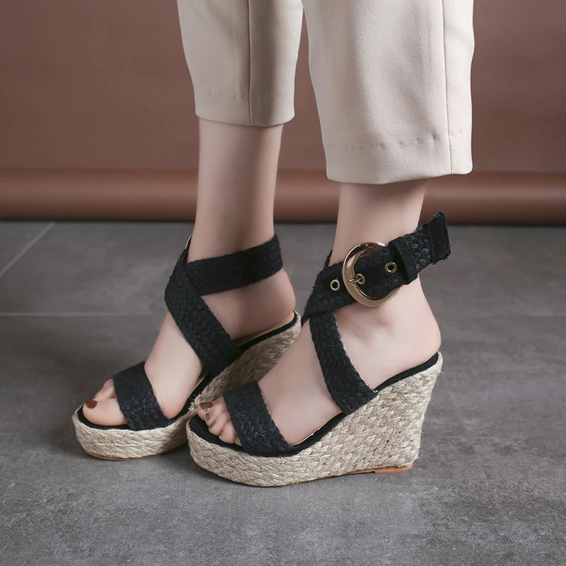 

Black Platform Wedge Sandals Women's Shoes Summer 2022 Fashion Roman Style Hemp Espadrilles Designer Metal Button Casual Shoes