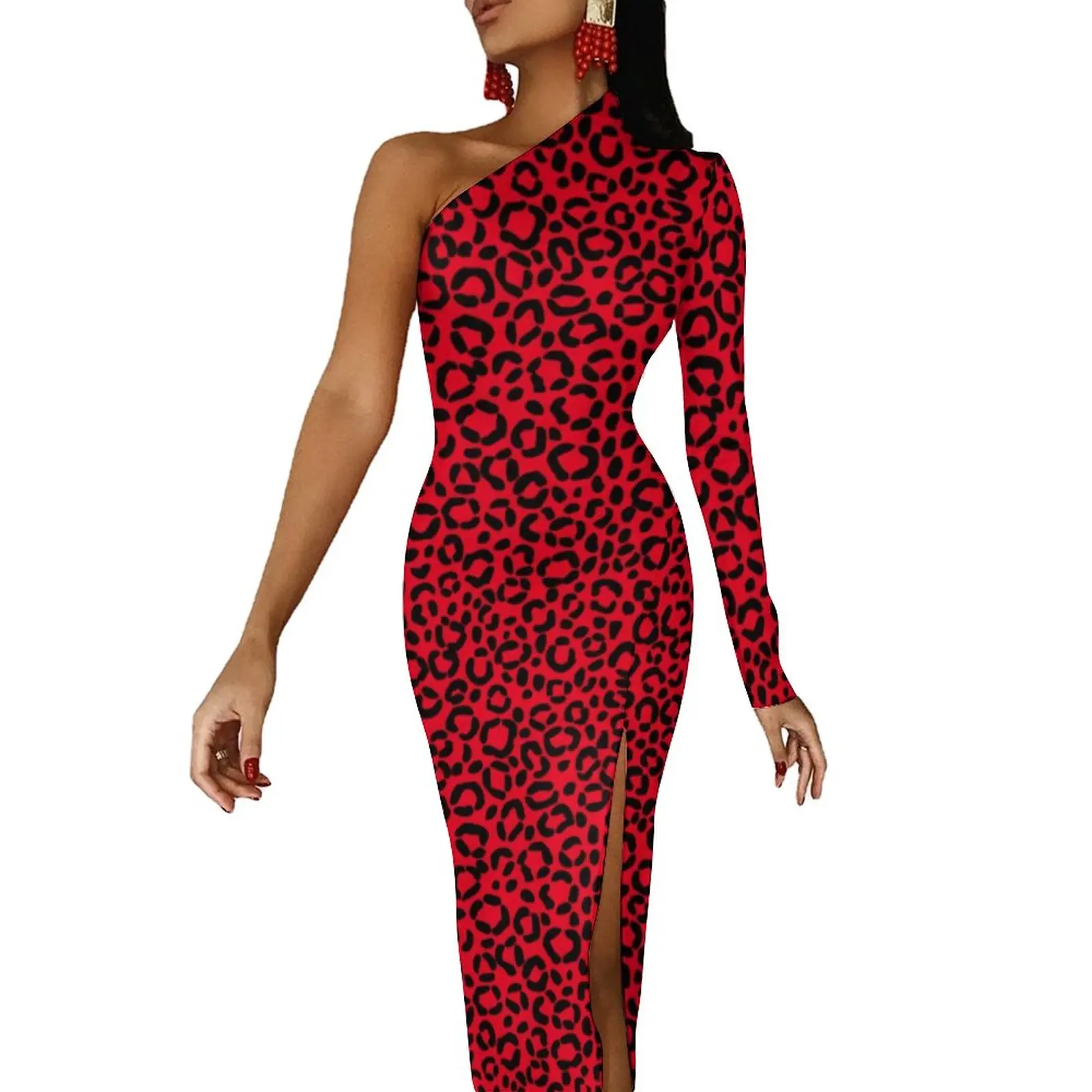 

Женское облегающее платье с леопардовым принтом, Красное и черное платье макси с меховым принтом, дизайнерское платье на одно плечо, подарок на день рождения