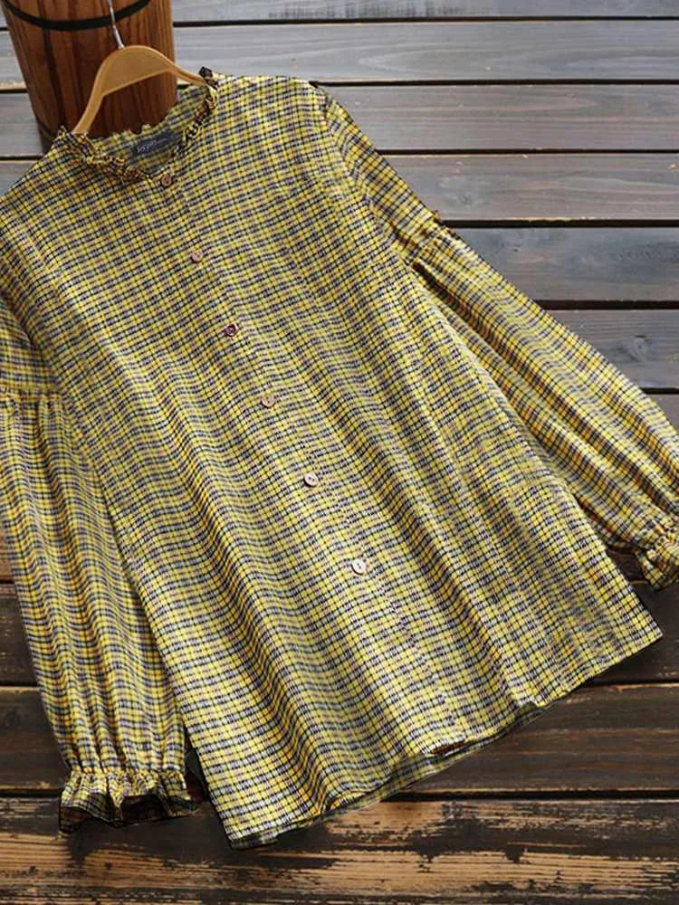 

ZANZEA Women Long Sleeve Buttons Down Shirt Spring Vintage Plaid Checked Blouse Casual Tunic Tops Mujer Oversized Ruffles Blusas