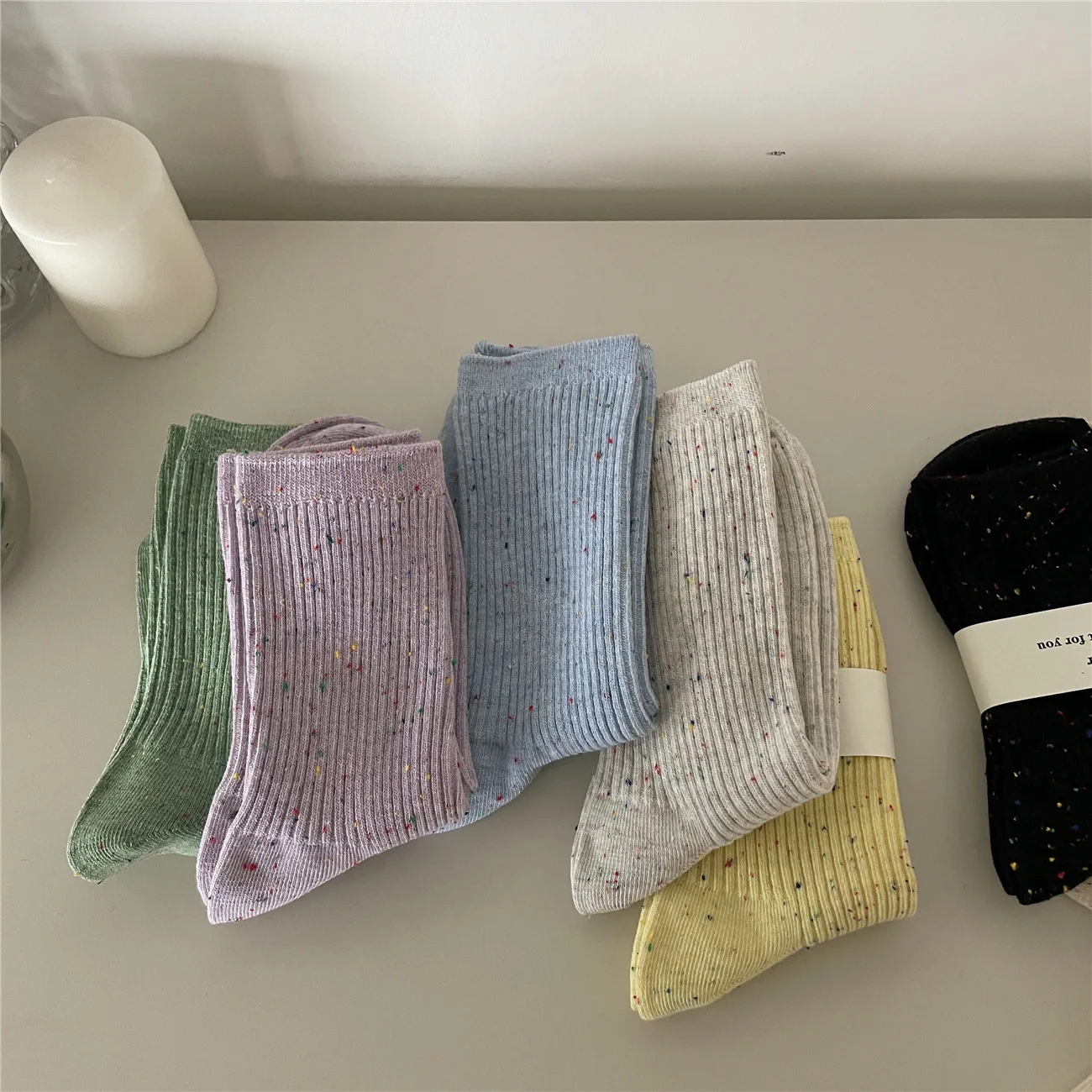 Winter Tweed Crew Socks for Women Cotton Marled White Purple Striped Rainbow Knee High Socks 7 Pairs/ Lot
