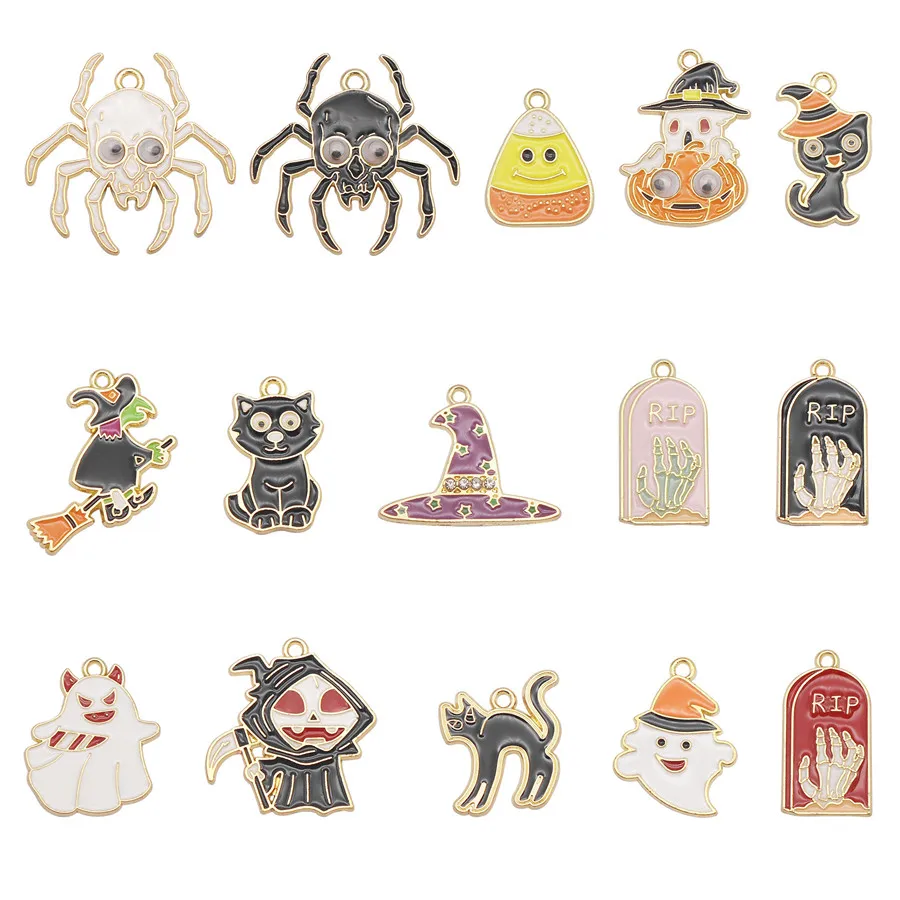 15 шт. Эмаль Хэллоуин Брелок Сплав Мультфильм Призрак Смерть Кошка Паук Ведьма
