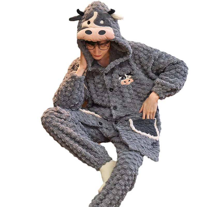 FUNISHI Men Sleepwear Plus Size 4XL Winter Pajamas Flannel Loose Version Pullover Nightgown Coral Fleece Inspissate Pajama Set