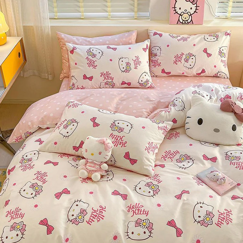 

Sanrios Hello Kitty Sheet and Pillowcases Bedding Four Piece Cute Warm Bedding Set Anime Pillowcases Bed Accessories Girls Gift