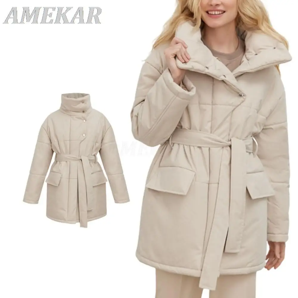 Bornladies Quilted Jacket Women Winter Loose Parkas Coat Vintage Belted Outwear Office Ladies Warm Cotton Puffer Jackets