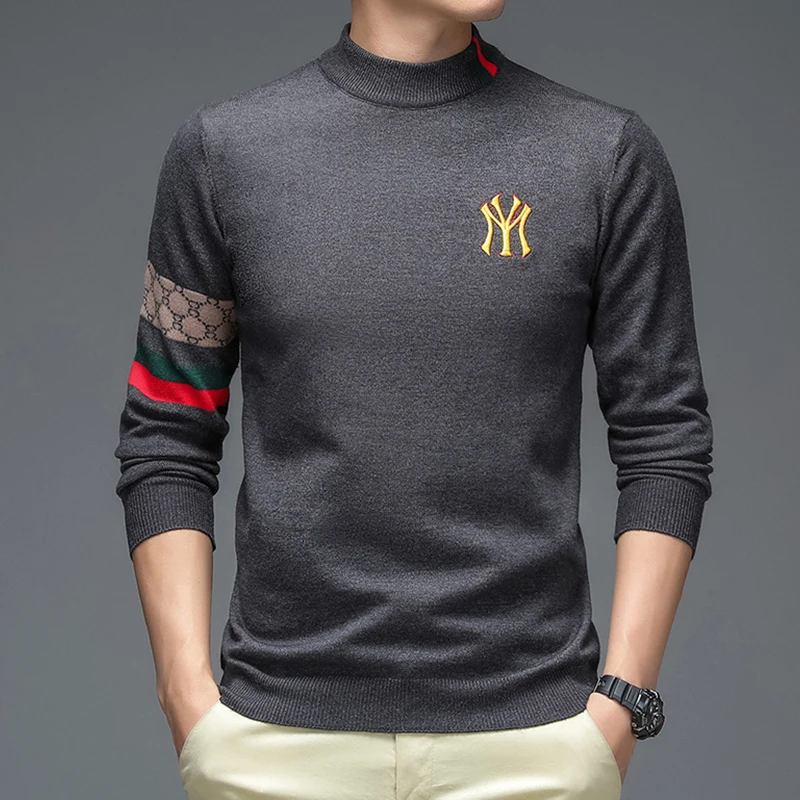

Winter Designer New Fashion Luxury Knitted Half High Neck Sweater High Quality Men's Embroidered Warm Wool Round Neck Sweater
