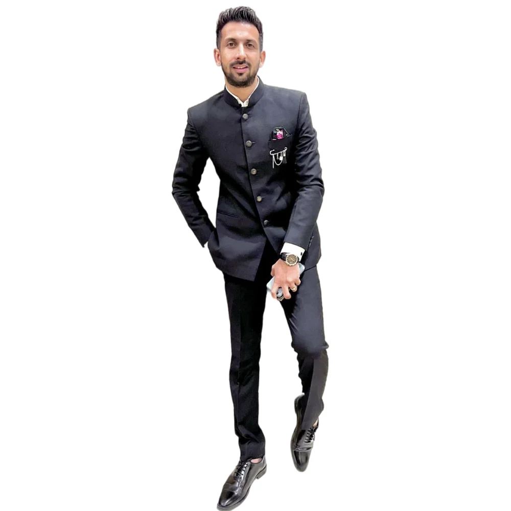 

Мужские костюмы из 2 предметов, черный классический пиджак с воротником-стойкой, облегающая свадебная одежда для жениха и выпускного вечера, Официальный пиджак и брюки в индийском стиле для мужчин