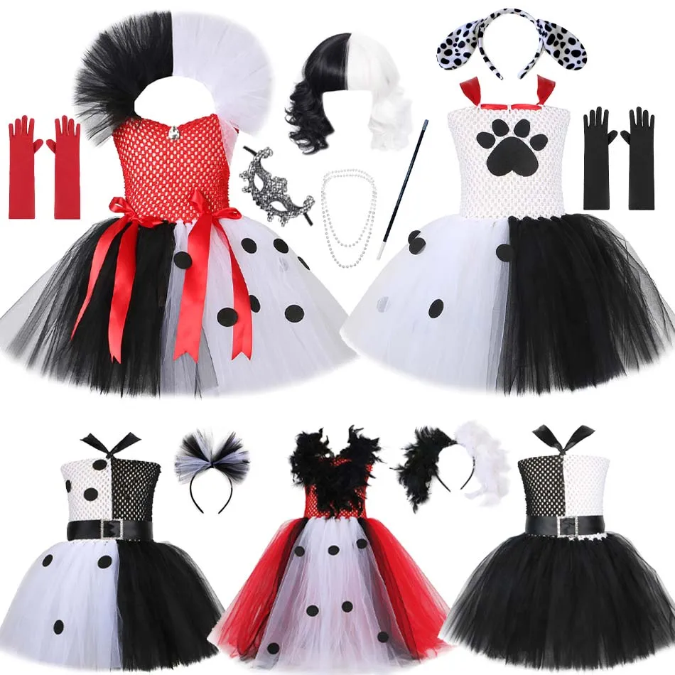 

2023 Halloween Children Cruella Tulle Dress Costume Party Girls Black White Carnival Kids Cruella Wig Lace Mask Suit Clothes