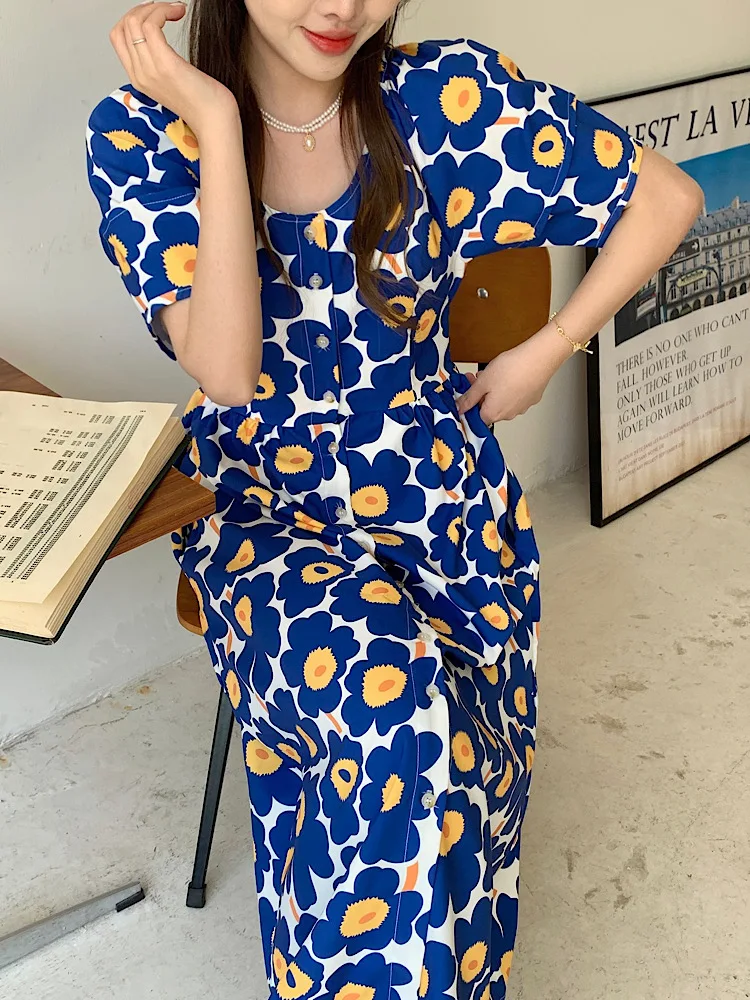 

COIGARSAM Women Dress Summer Cute Floral High Waist Blue Dresses Dropshipping