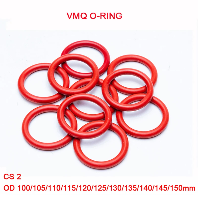 

5pcs Red VMQ Silicone O Ring Gasket Food Grade Silicon O Ring Gasket Rubber o-ring CS 2mm OD 100/105/110/115/120/125/130-150mm