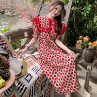 summer large size women red floral print dress double layer ruffles loose ladies dresses 4xl
