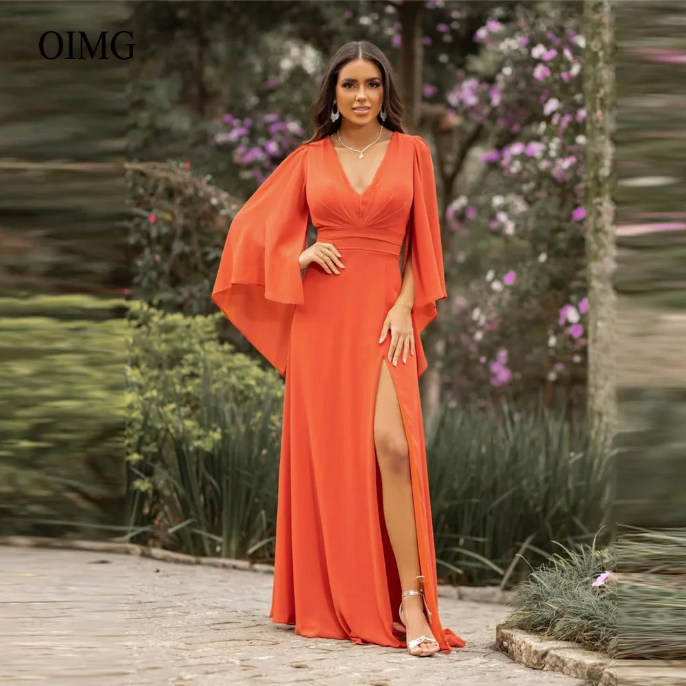 

Шифоновые вечерние платья а-силуэта с пышными длинными рукавами и V-образным вырезом