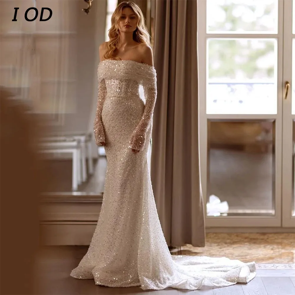 

I OD Shiny Mermaid Wedding Dress Strapless Off Shoulder Long Sleeve Sequined Backless Bridal Gown Floor Length Vestidos De Novia