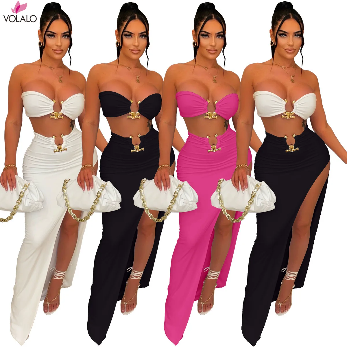 

VOLALO Metal Ring Two Piece Set Women Party Dress Strapless Crop Top High Split Maxi Skirt Summer Holiday Beach Outfits Suit