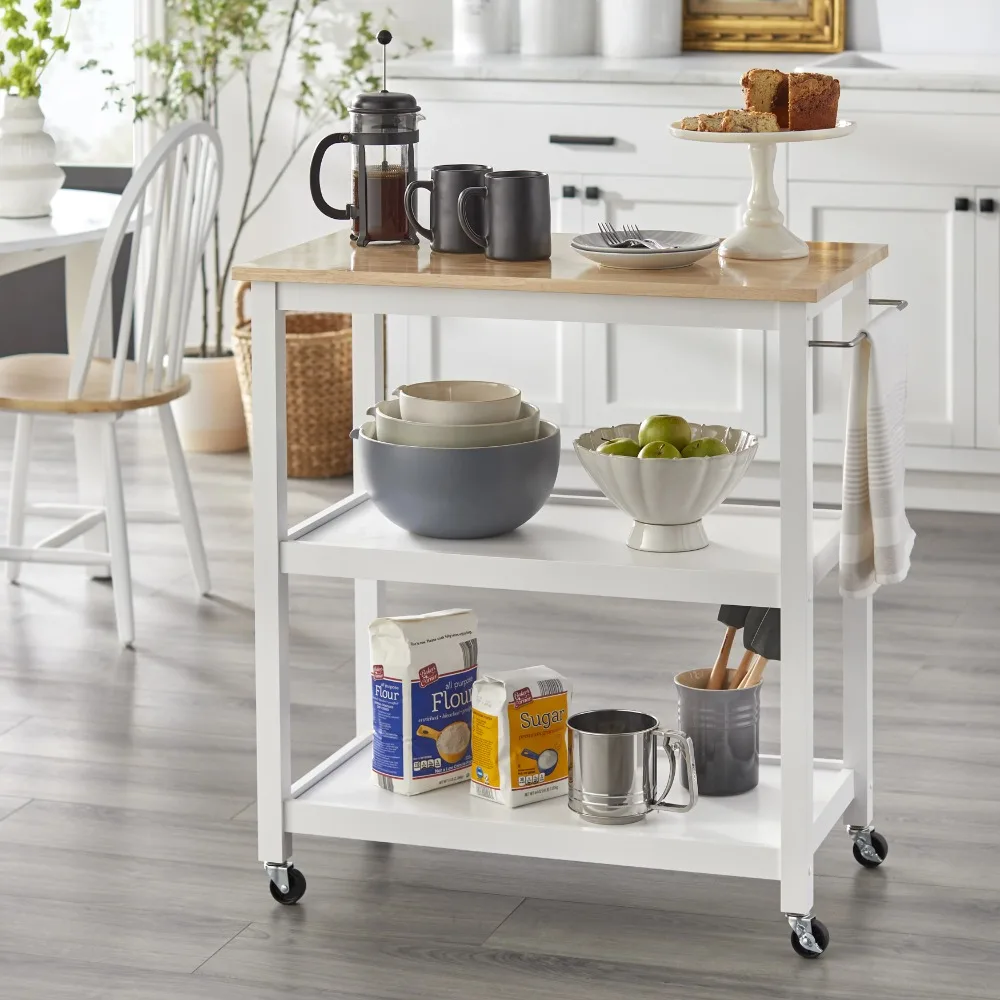 

TMS Mylah 2-Tier Kitchen Cart with Rubberwood Top, White/Natural