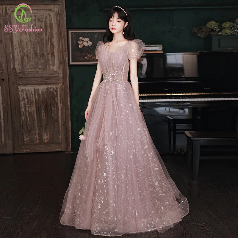 

Женское вечернее платье SSYFashion, розовое платье-трапеция до пола с пышными рукавами, бальное платье для вечеринки
