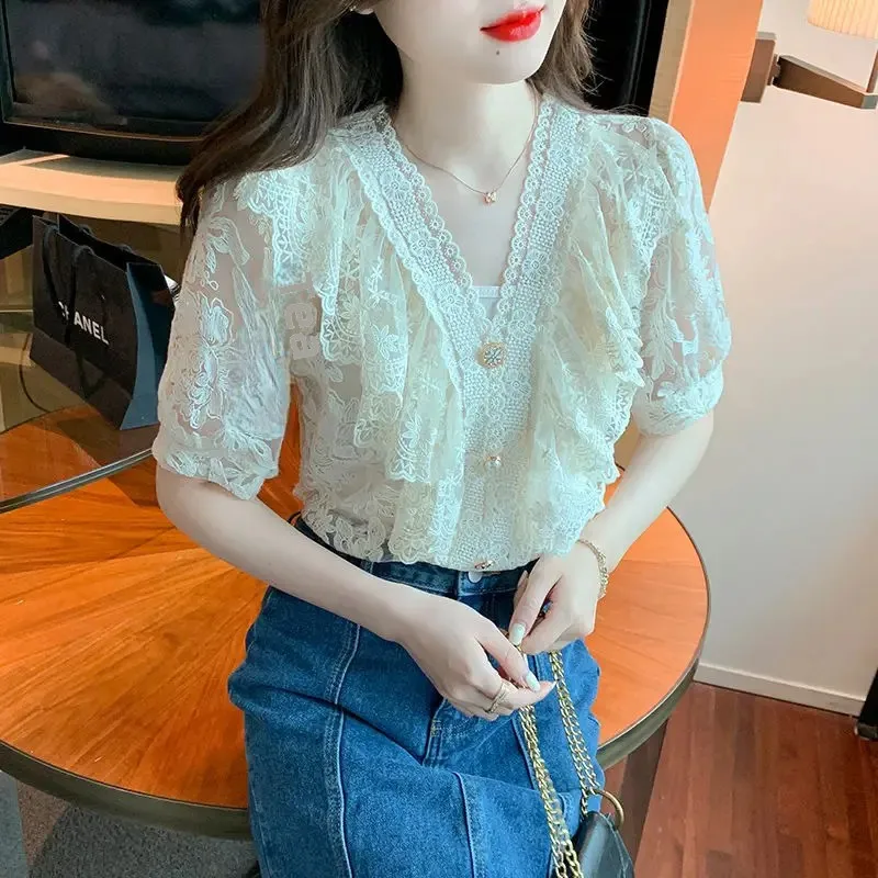 Лето 2023 кружевная блузка во французском корейском стиле топ в светском на