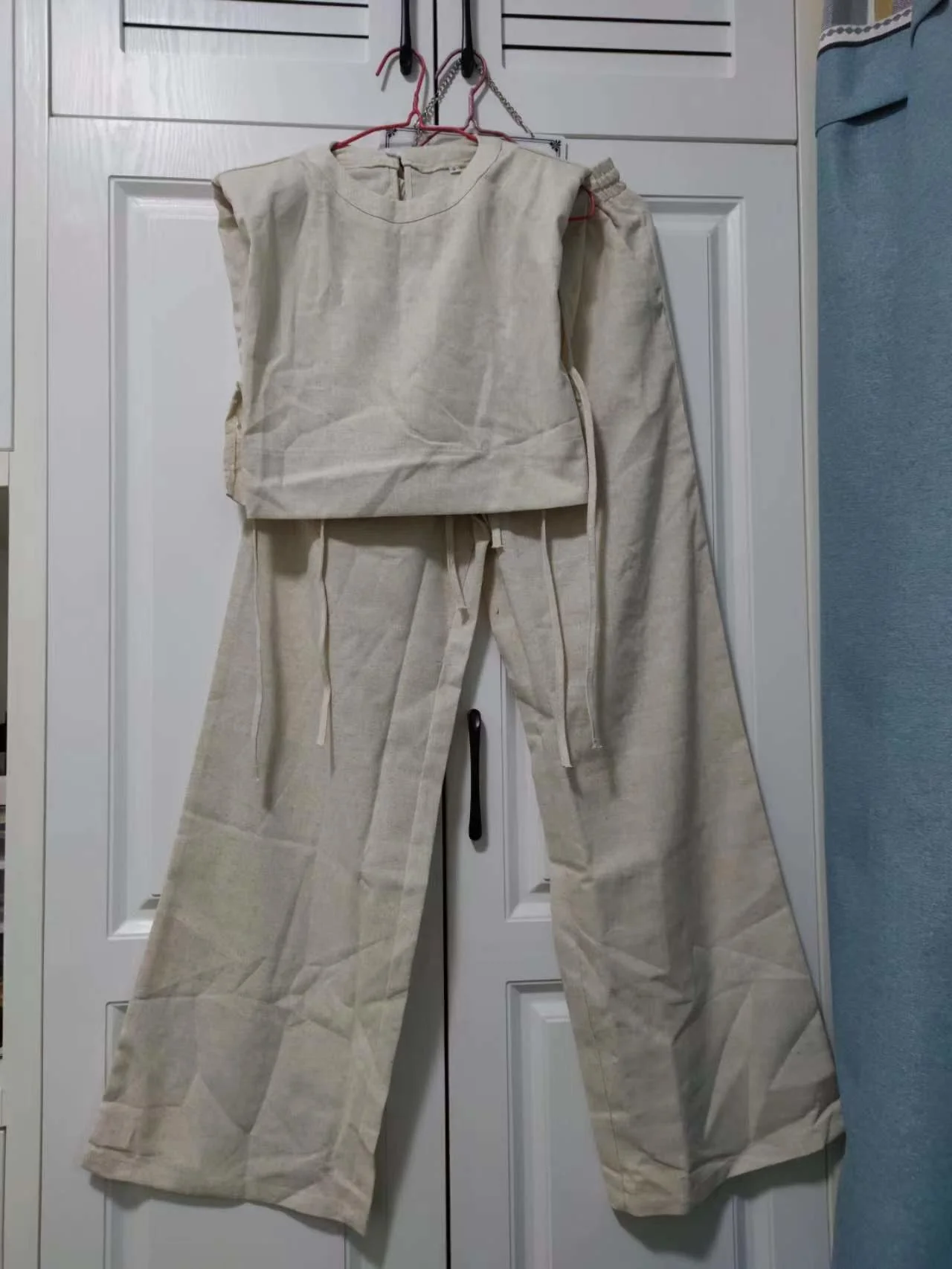 2023 Summer Linen Sets Pajamas for Women 2 Piece Fashion Sexy Sleepwear Lace-Up Crop Tops Elastic Waist Loose Long Pants Suits